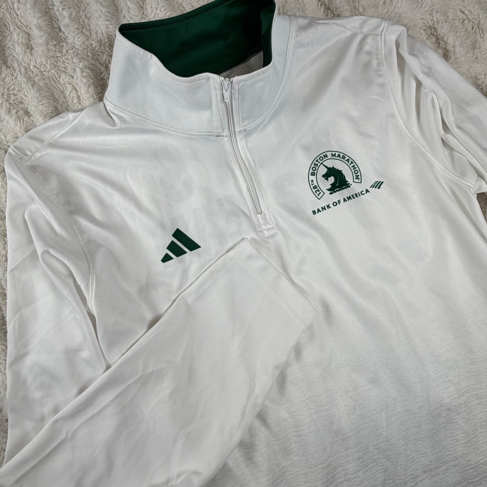 Adidas 128th Boston Marathon 1/4 Zip Pullover White Green Mens Large 26.2 Team